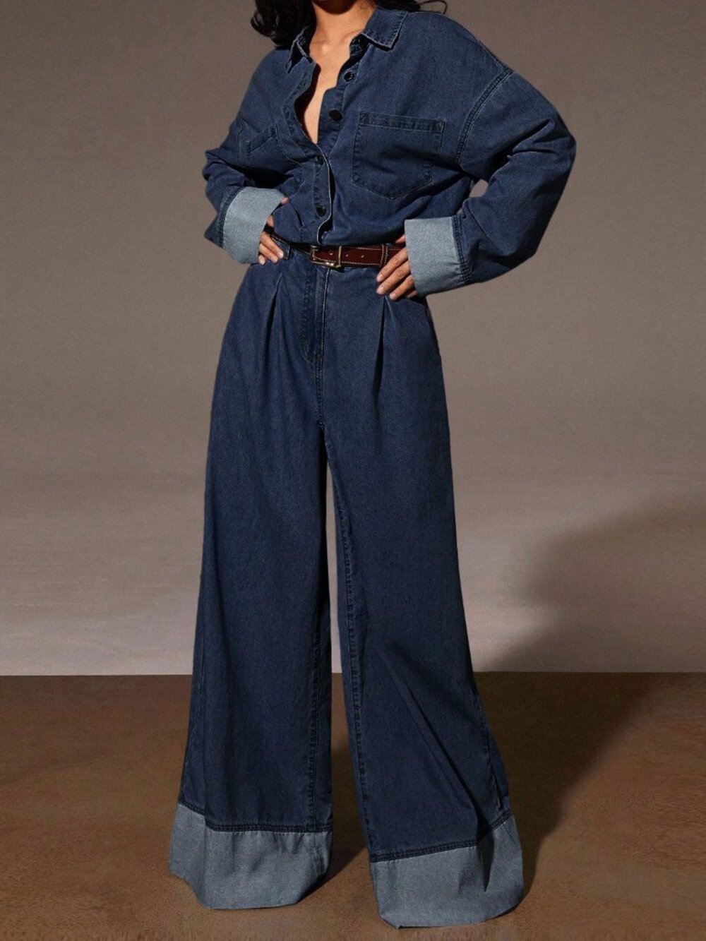 Dark Wash Casual Women's Denim Pocket Long Sleeve Denim Jumpsuit - Picture 3 of 5